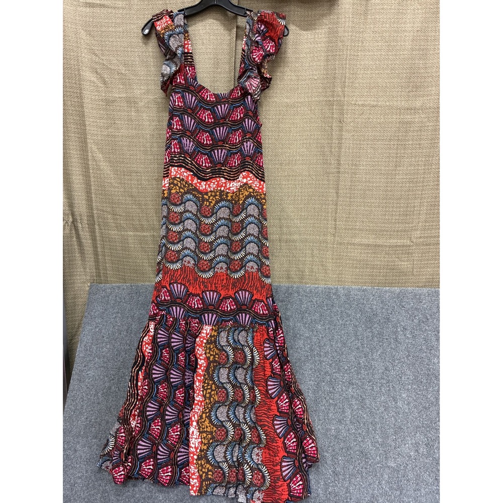 Corey Lynn Calter Red Abstract Print Ruffle Maxi Dress Womens Small 220CD231-M